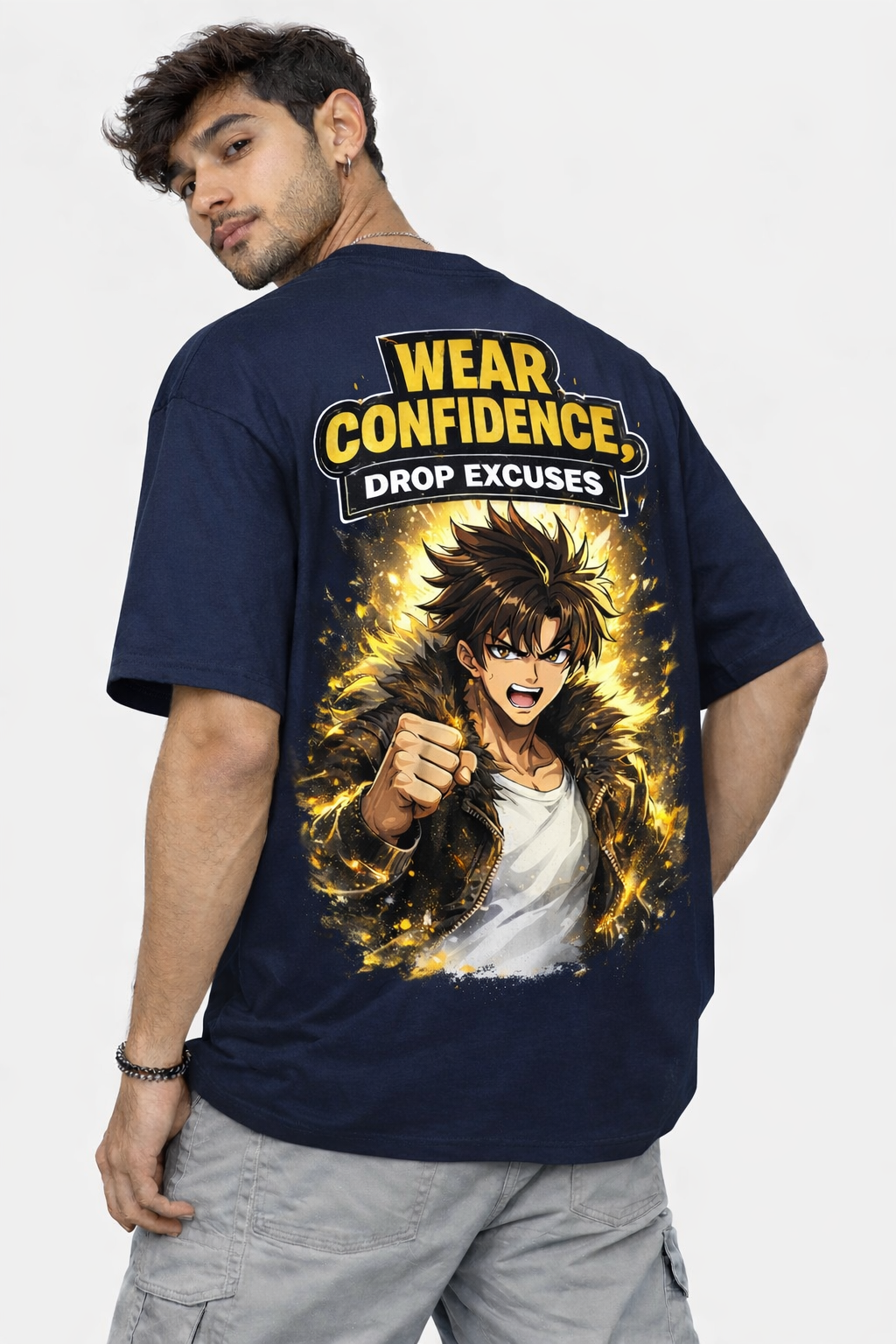 RADMARX Men Navy Blue Confidence Quote Anime Premium Oversized T-Shirt – Half Sleeve