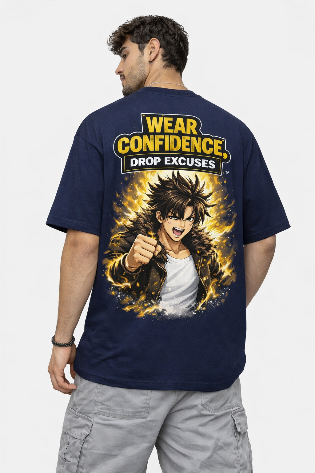 RADMARX Men Navy Blue Confidence Quote Anime Premium Oversized T-Shirt – Half Sleeve