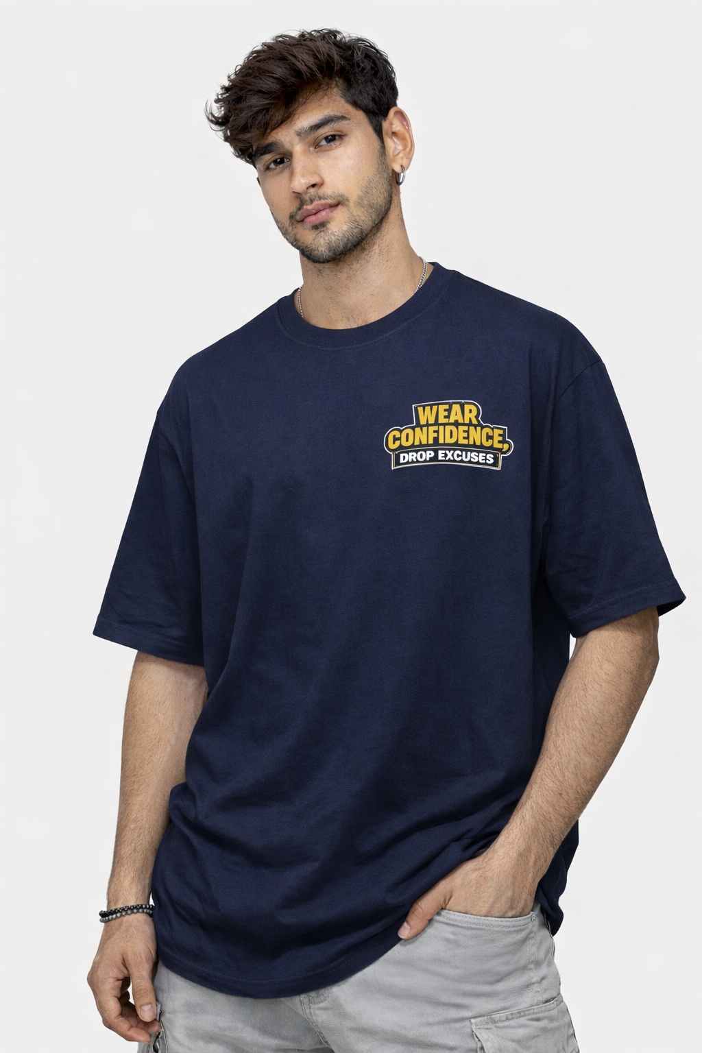 RADMARX Men Navy Blue Confidence Quote Anime Premium Oversized T-Shirt – Half Sleeve