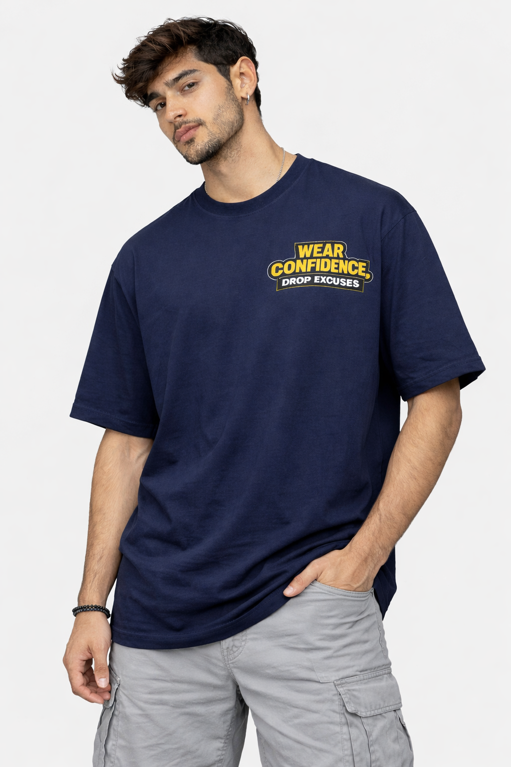 RADMARX Men Navy Blue Confidence Quote Anime Premium Oversized T-Shirt – Half Sleeve