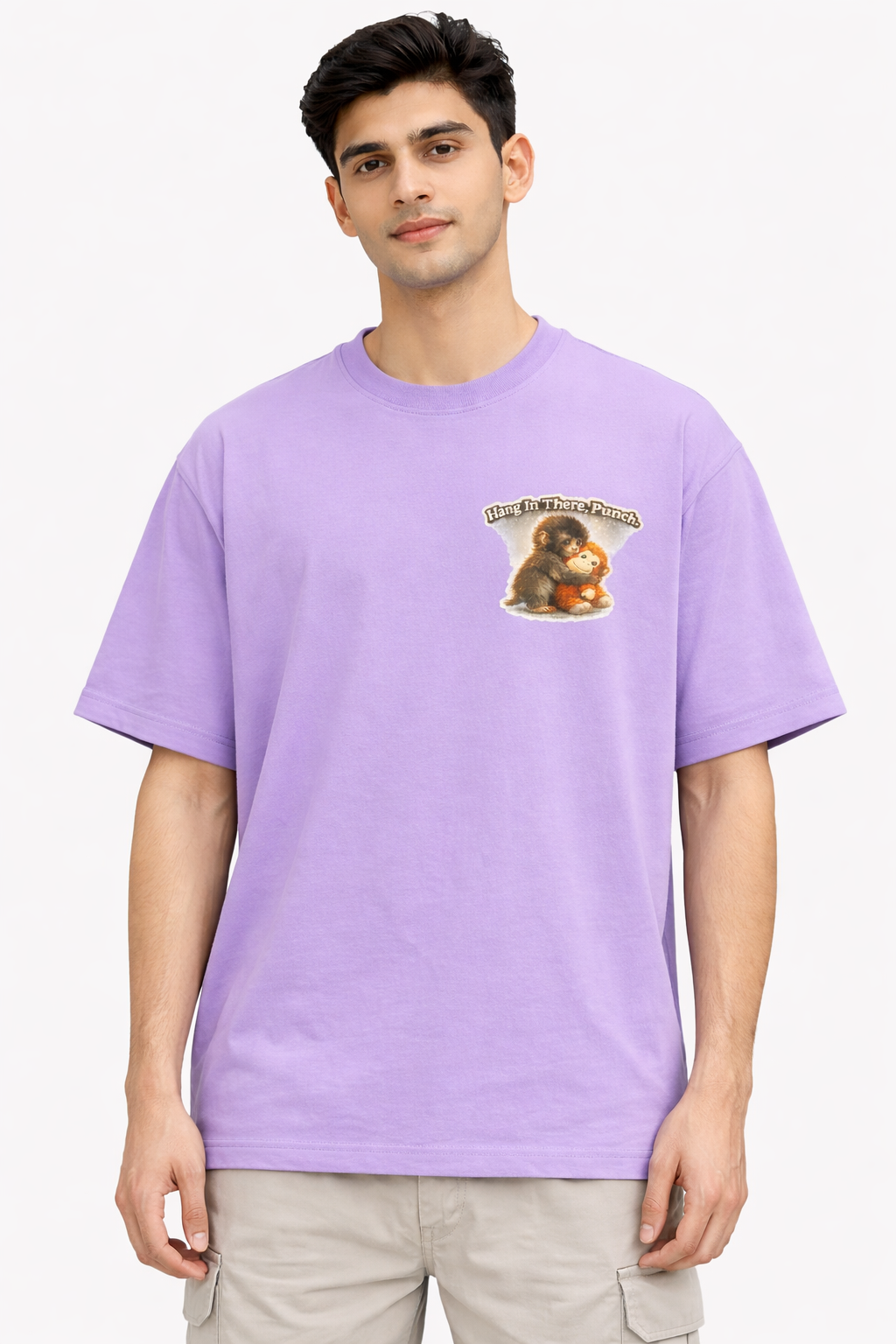 RADMARX Men Lavender Mist Hang In There Punch Monkey Premium Oversized T-Shirt – Half Sleeve
