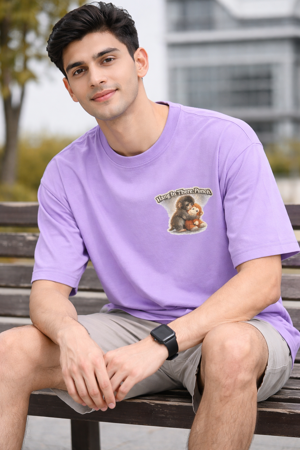 RADMARX Men Lavender Mist Hang In There Punch Monkey Premium Oversized T-Shirt – Half Sleeve