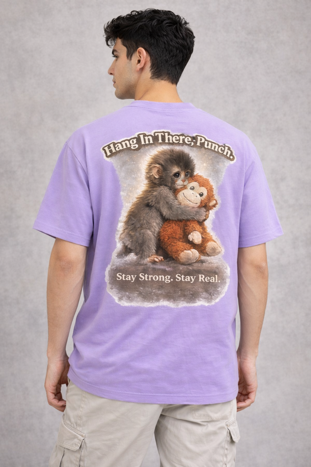 RADMARX Men Lavender Mist Hang In There Punch Monkey Premium Oversized T-Shirt – Half Sleeve