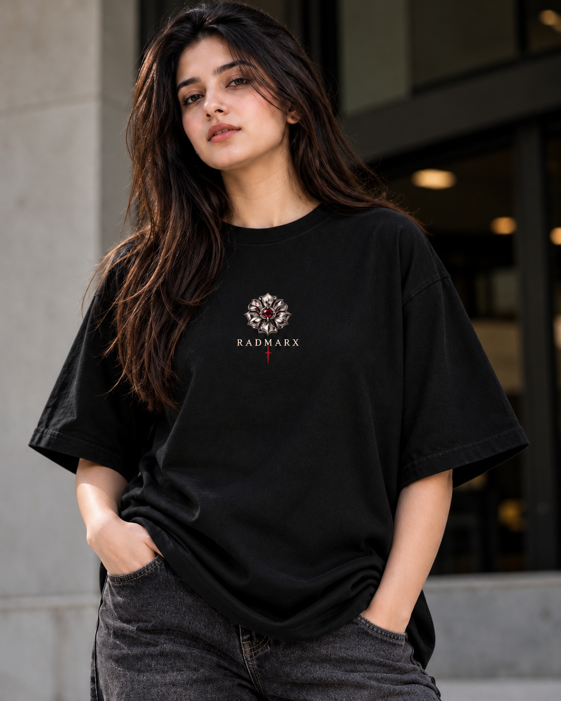RADMARX Women Moto Rosette Black Premium Oversized T-Shirt – Half Sleeve