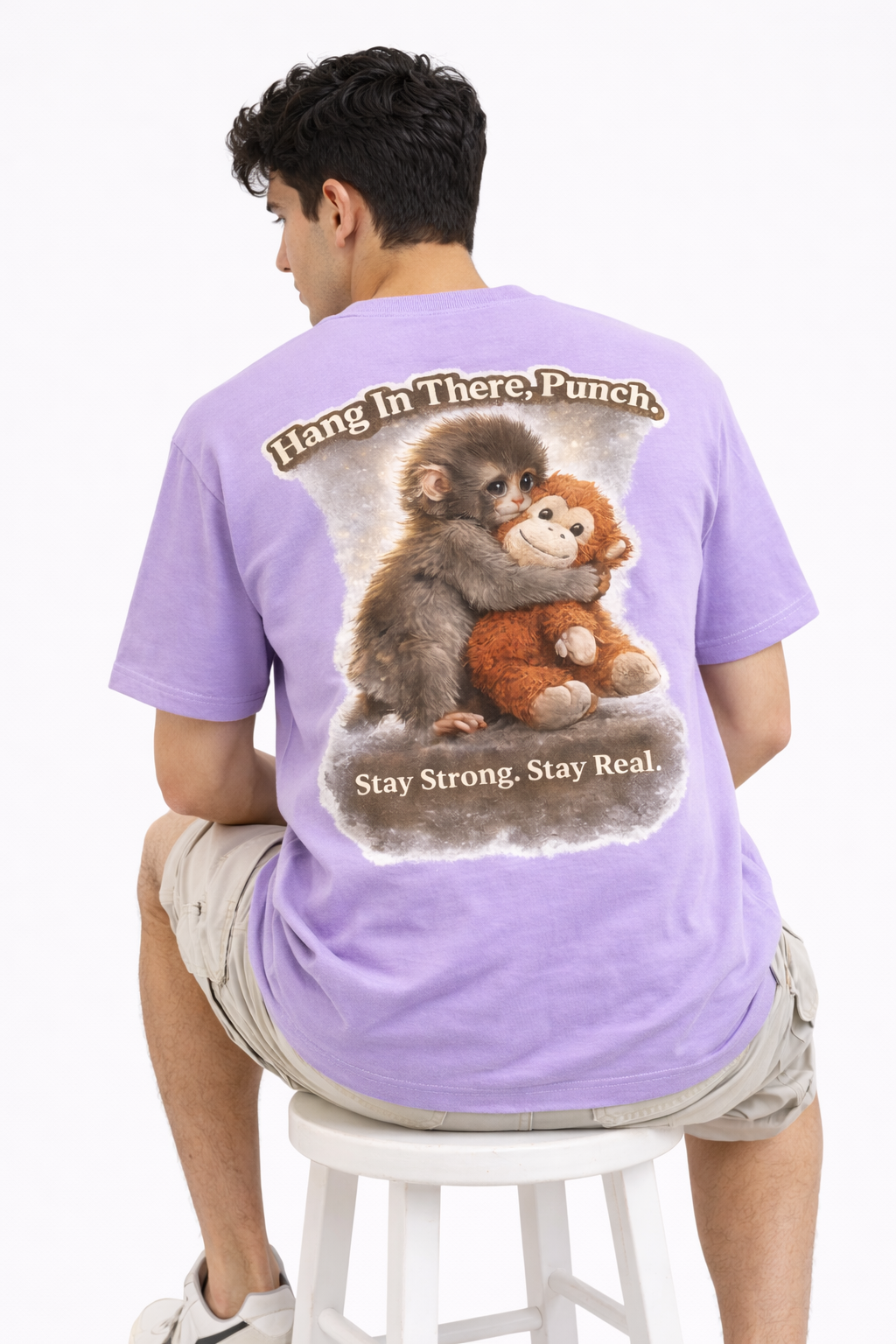 RADMARX Men Lavender Mist Hang In There Punch Monkey Premium Oversized T-Shirt – Half Sleeve