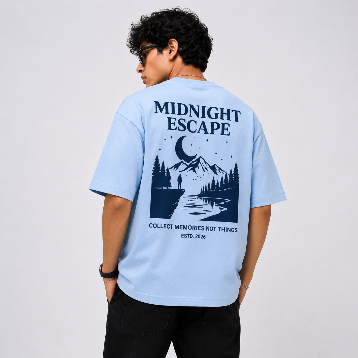 RADMARX Men Powder Blue Midnight Escape Premium Oversized T-Shirt – Half Sleeve
