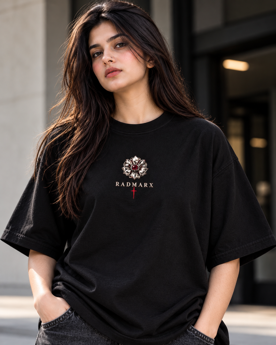 RADMARX Women Moto Rosette Black Premium Oversized T-Shirt – Half Sleeve