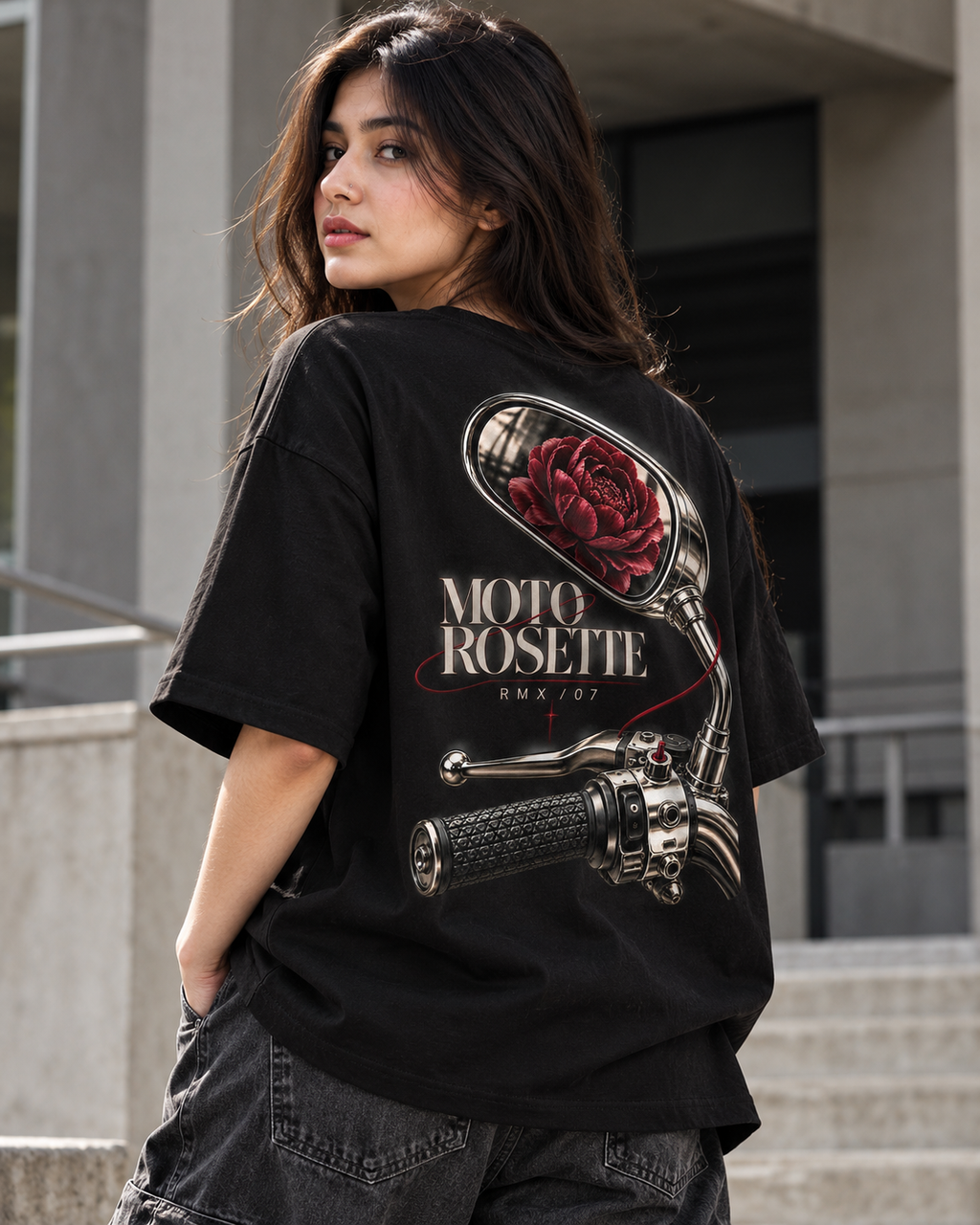 RADMARX Women Moto Rosette Black Premium Oversized T-Shirt – Half Sleeve