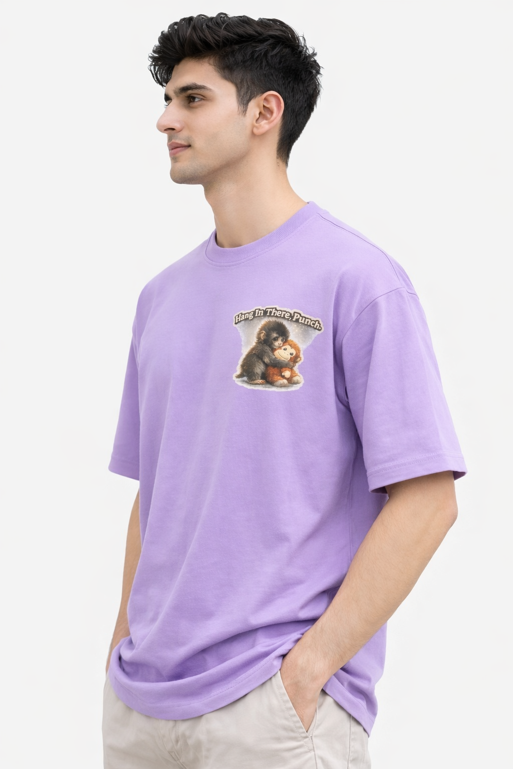 RADMARX Men Lavender Mist Hang In There Punch Monkey Premium Oversized T-Shirt – Half Sleeve