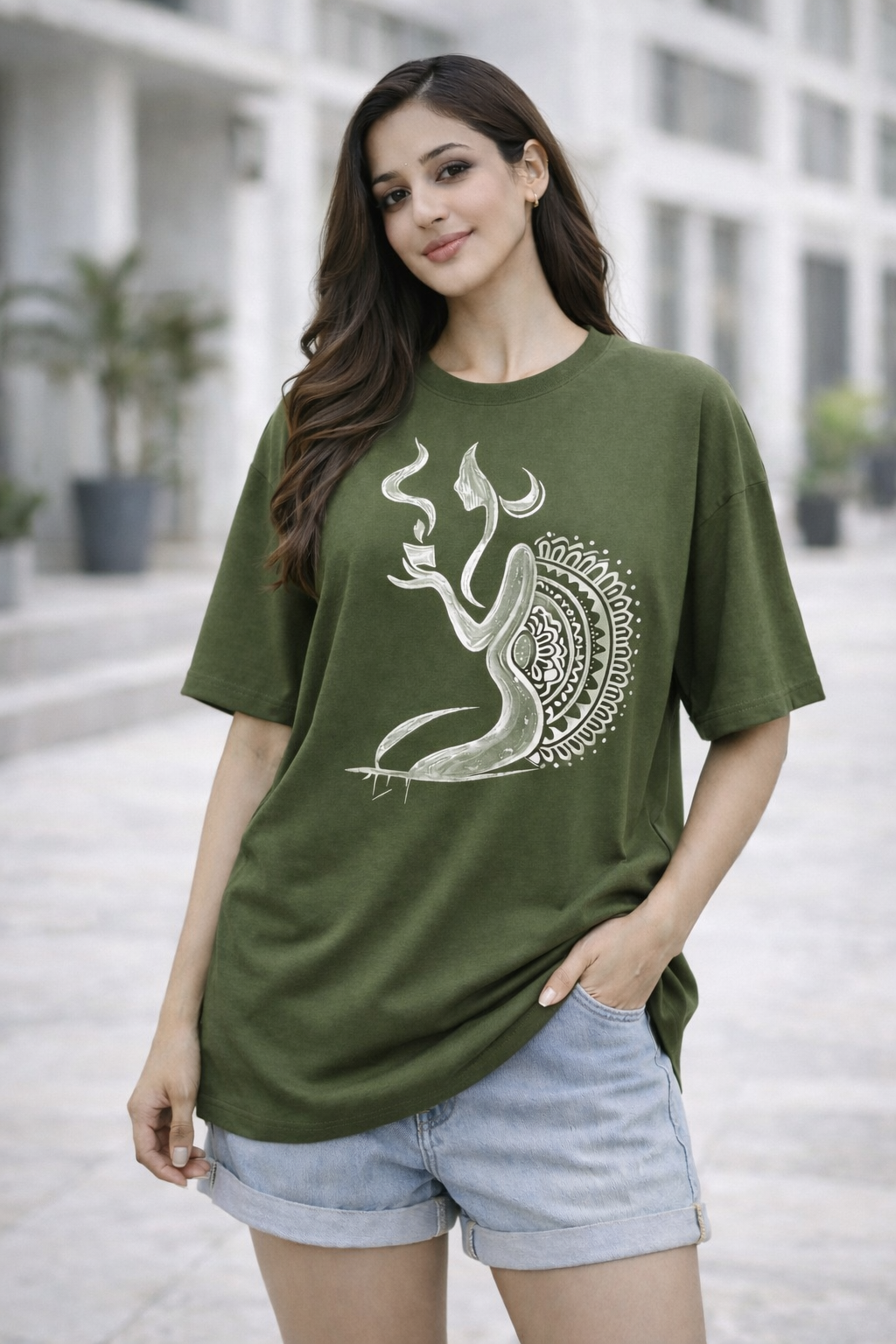 RADMARX Women Shakti Aura Olive Sage Oversized T-Shirt – Half Sleeve