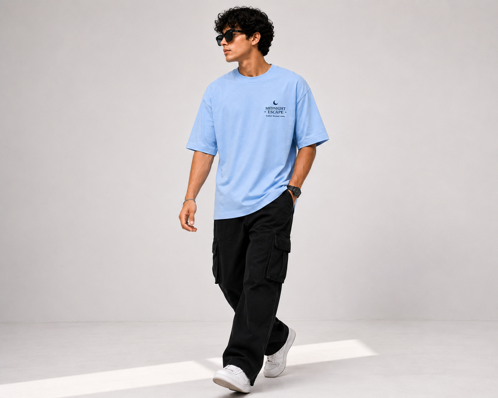 RADMARX Men Powder Blue Midnight Escape Premium Oversized T-Shirt – Half Sleeve