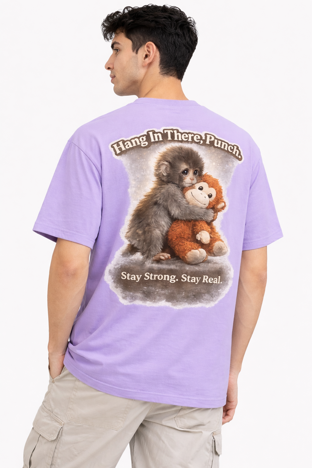 RADMARX Men Lavender Mist Hang In There Punch Monkey Premium Oversized T-Shirt – Half Sleeve