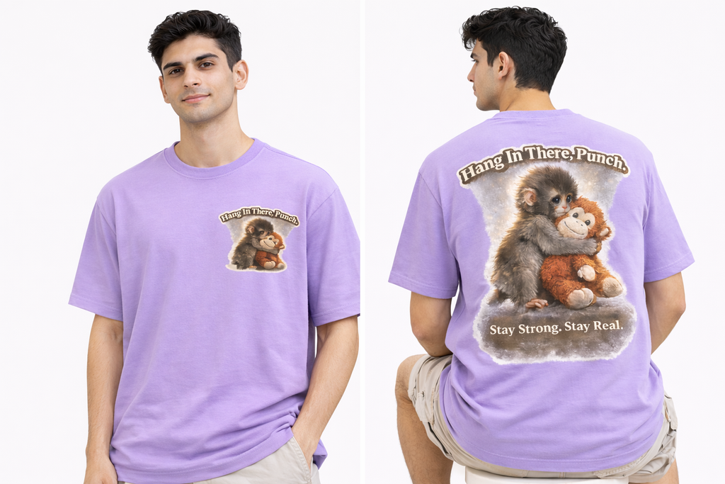 RADMARX Men Lavender Mist Hang In There Punch Monkey Premium Oversized T-Shirt – Half Sleeve