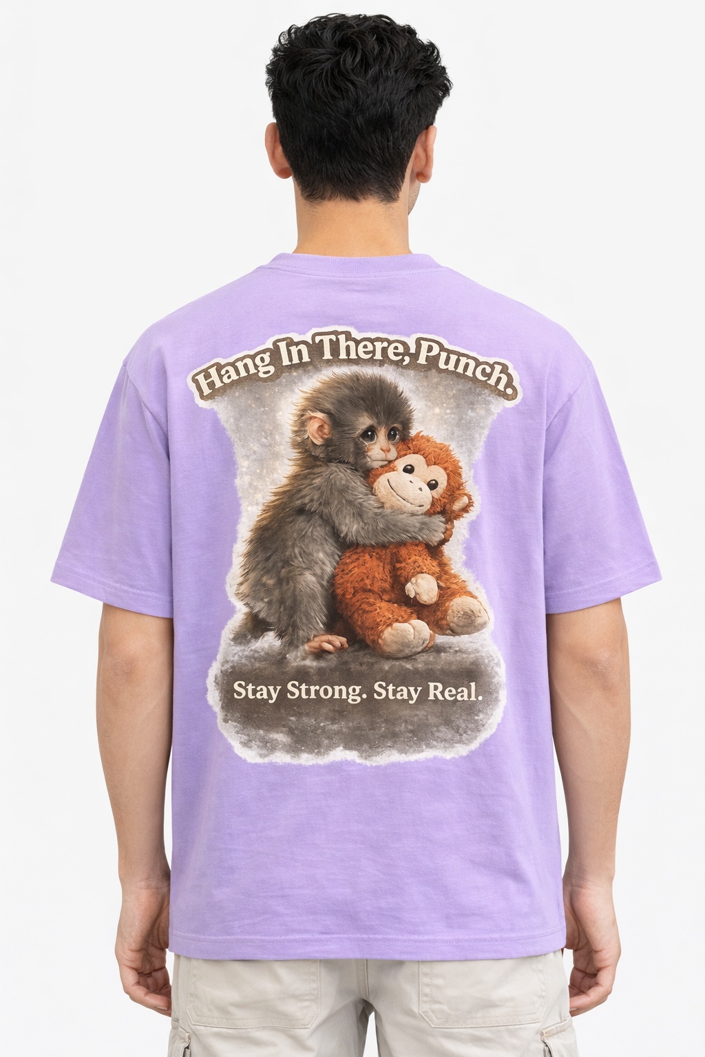 RADMARX Men Lavender Mist Hang In There Punch Monkey Premium Oversized T-Shirt – Half Sleeve