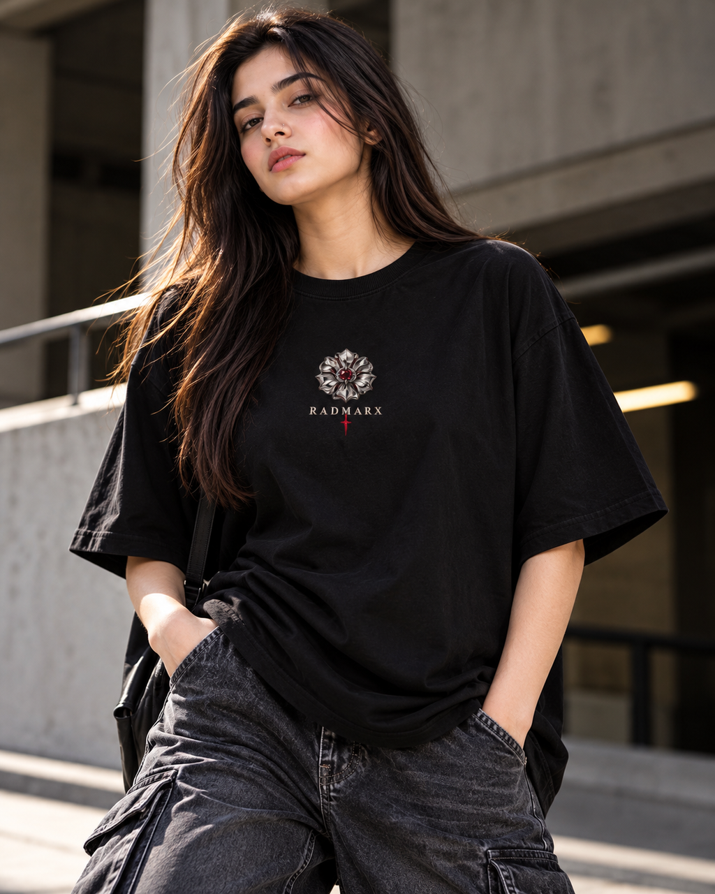 RADMARX Women Moto Rosette Black Premium Oversized T-Shirt – Half Sleeve