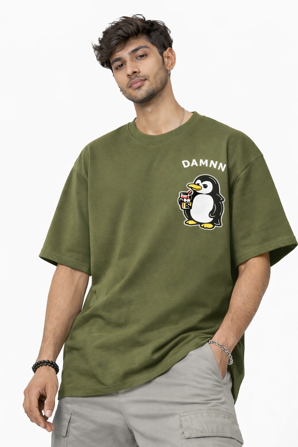 RADMARX Penguin Olive Green Premium Oversized T-Shirt – Half Sleeve