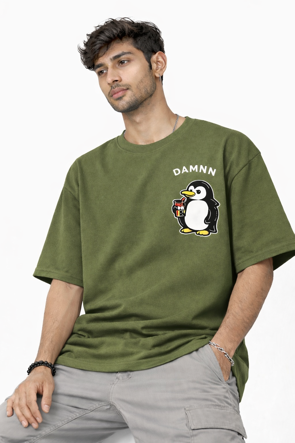 RADMARX Penguin Olive Green Premium Oversized T-Shirt – Half Sleeve