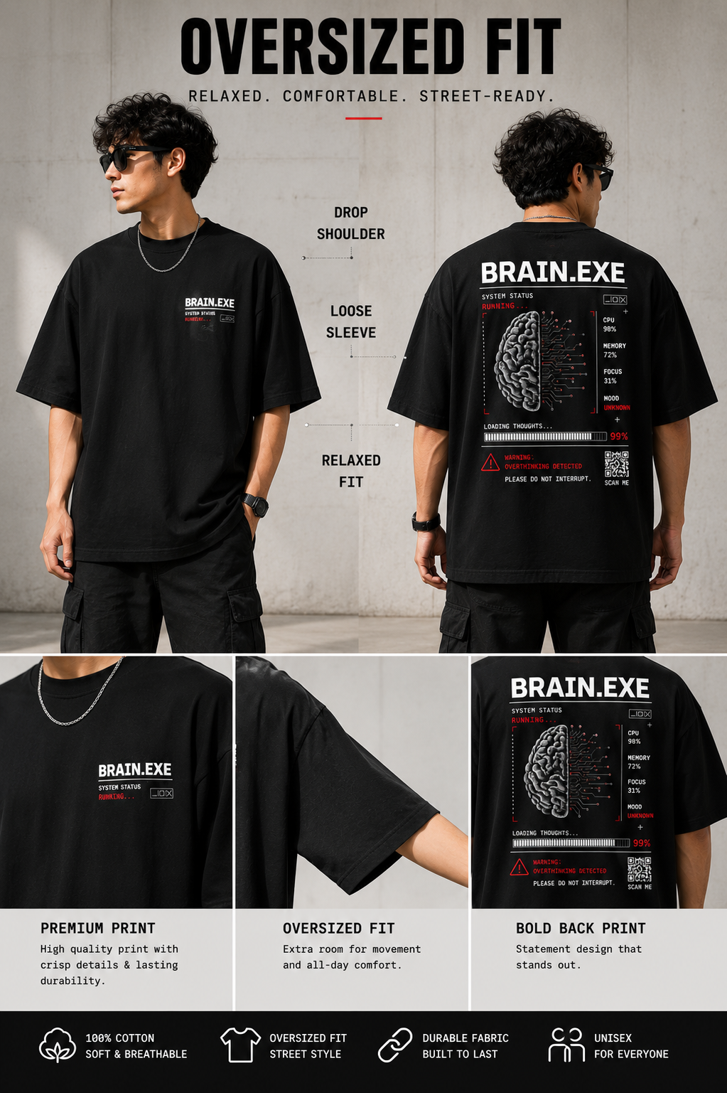 RADMARX BRAIN.EXE Black Premium Oversized T-Shirt – Half Sleeve