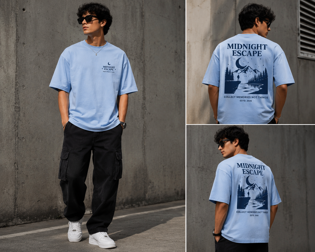 RADMARX Men Powder Blue Midnight Escape Premium Oversized T-Shirt – Half Sleeve