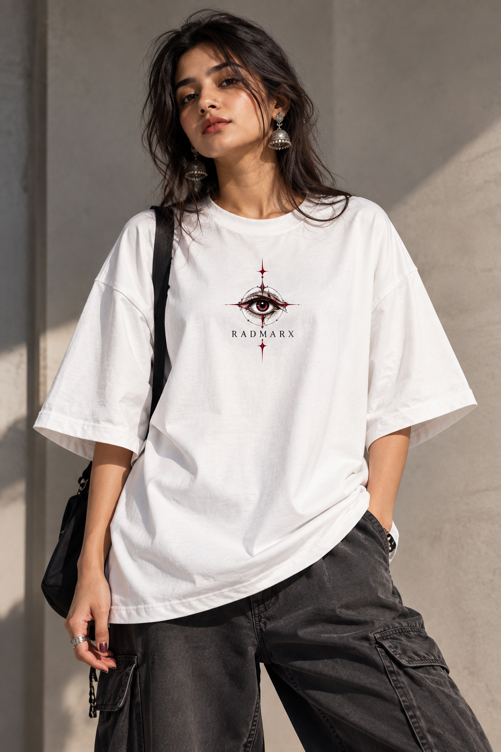 RADMARX Women Eye Study White Premium Oversized T-Shirt – Half Sleeve