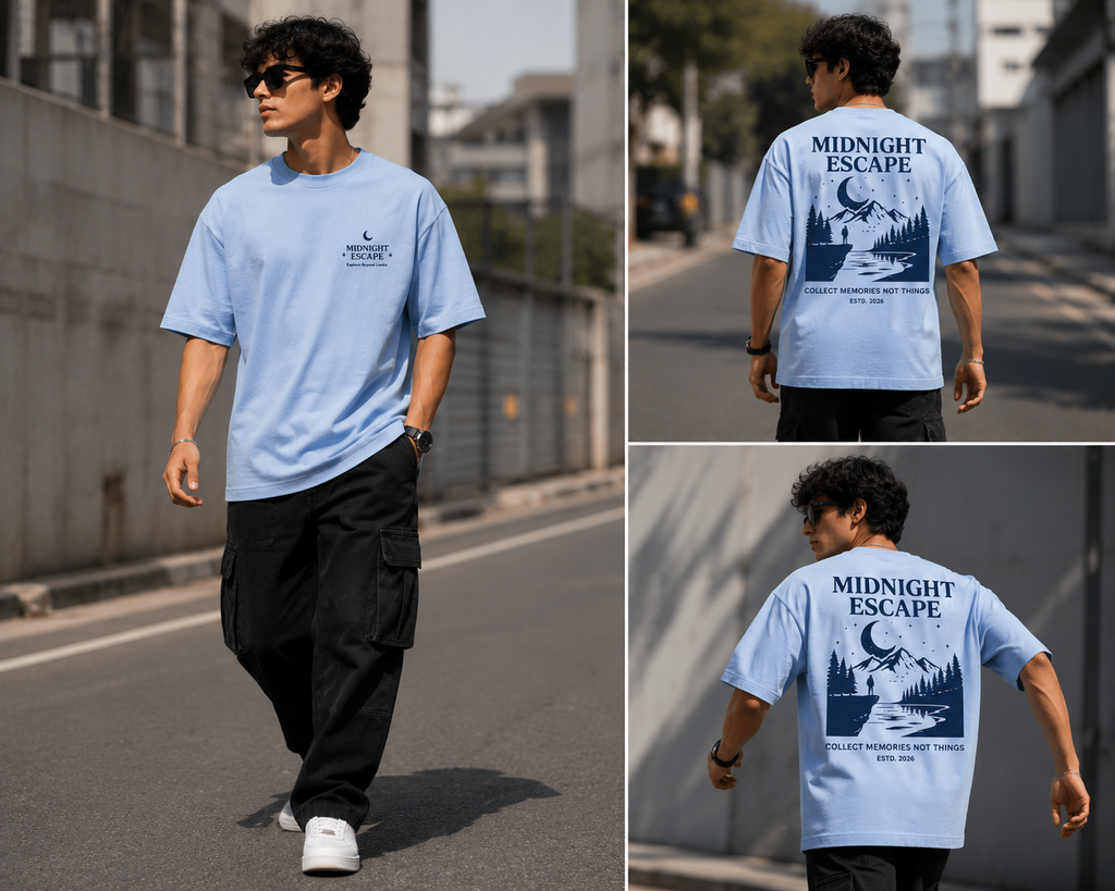 RADMARX Men Powder Blue Midnight Escape Premium Oversized T-Shirt – Half Sleeve